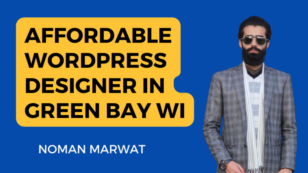 This image appears to be an advertisement for a WordPress designer named Noman Marwat, who is described as affordable and is located in Green Bay, WI. The individual’s face is not visible. The background of the image is solid blue. There’s a yellow speech bubble containing text advertising “AFFORDABLE WORDPRESS DESIGNER IN GREEN BAY WI”. A person with their face obscured is dressed in a grey checkered blazer, white shirt, and striped tie. Below the speech bubble, “NOMAN MARWAT” is written in white text against the blue background. If you are interested in hiring a WordPress designer in Green Bay, WI, you can check out Upwork’s list of freelance WordPress developers in Green Bay, WI 1. Alternatively, you can also visit Full Scope Creative’s website for WordPress design services in Green Bay, WI 2. FreshySites also offers web design and development services in Green Bay, WI 3.
