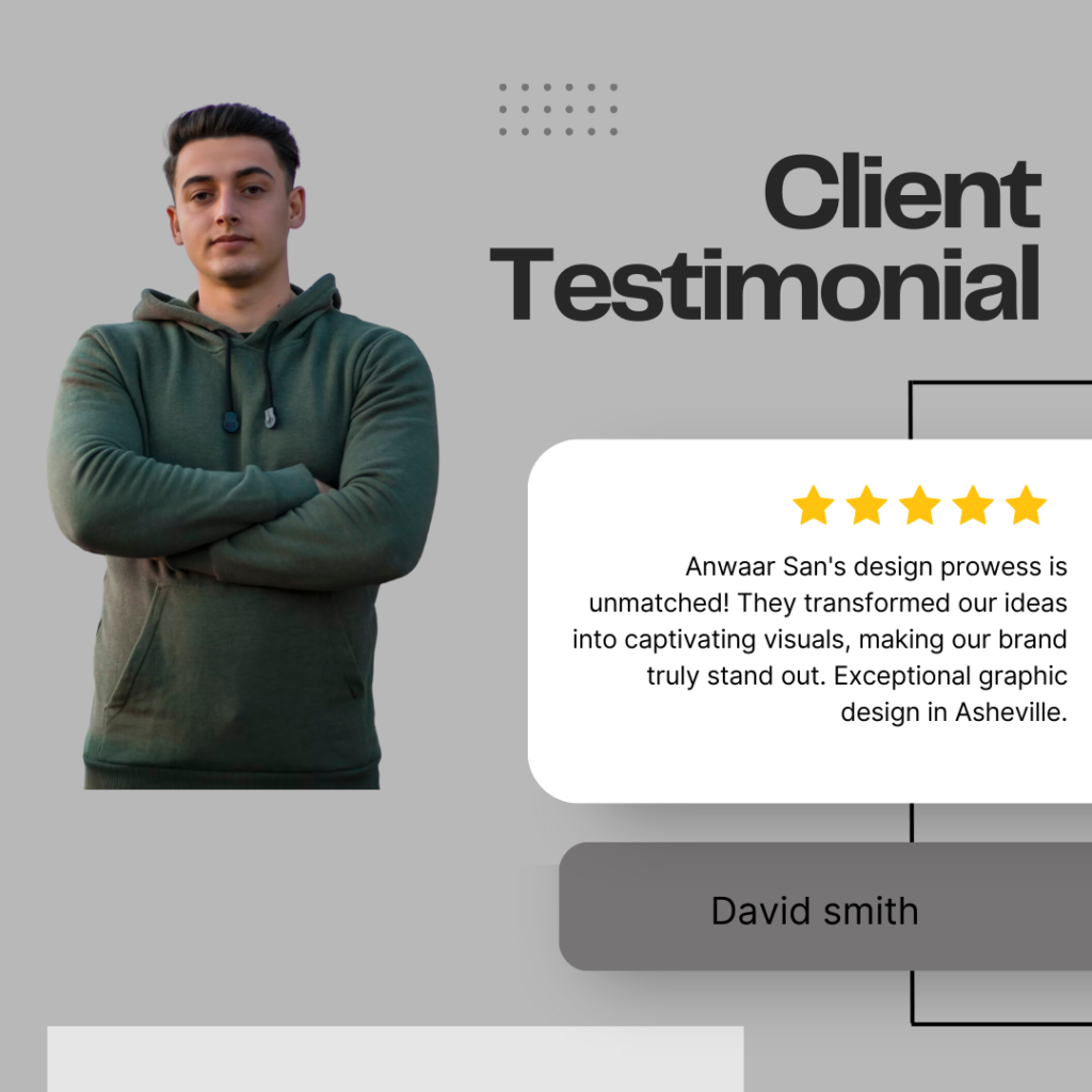 This image is a client testimonial graphic. It features a person with their face obscured, standing with arms crossed. The testimonial is given by “David Smith” and praises “Anwaar San” for their exceptional graphic design skills in Asheville 1. Client testimonials are statements from satisfied customers about their positive experiences with a business’s products or services 2. They are often used by businesses to build trust in their services and products 2. Testimonials presented as graphics are more likely to attract attention than text-based testimonial posts on LinkedIn 3. The image has a grey background. A person wearing a green hoodie is visible; their face is obscured by a brown rectangle. To the right of the person, there’s large black text reading “Client Testimonial”. Below this text, there’s a white speech bubble containing the actual testimonial text and five yellow star ratings. The testimonial praises “Anwaar San” for unmatched design prowess and transforming ideas into captivating visuals that made D
