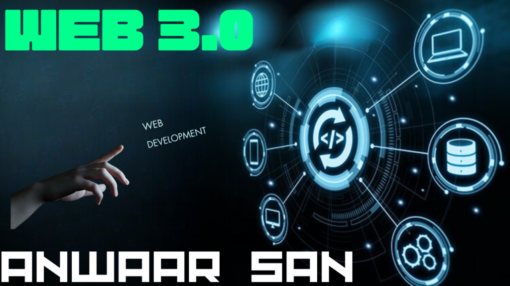 This image appears to be a graphical representation or advertisement related to “WEB 3.0” and web development, featuring various icons representing different elements of web technology and development. The image has a dark background with the text “WEB 3.0” prominently displayed at the top in bold, white letters. Below “WEB 3.0”, there is a hand reaching towards a circular hub of icons that represent various aspects of web technology, such as a globe, database symbol, gear (possibly representing settings or configuration), and a laptop. Each icon is connected to the central hub that has an intertwined “S” logo in it. The text “WEB DEVELOPMENT” is displayed on the left side in smaller white letters. At the bottom of the image, there’s another text “ANWAAR SAN” in bold white letters which could possibly be a name or brand associated with this image.