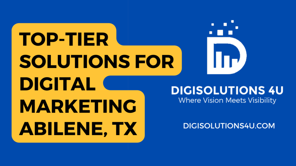Certainly! This image appears to be a promotional advertisement for a digital marketing company called "**DIGISOLUTIONS 4U**" located in **Abilene, TX**. Let's break down the key elements: 1. **Text Content:** - The main message is displayed in bold yellow letters against a blue background. It reads: "**TOP-TIER SOLUTIONS FOR DIGITAL MARKETING ABILENE, TX**." This emphasizes the premium quality of the digital marketing services offered by the company and specifies its location. - On the right side of the image, in white letters, we see: "**DIGISOLUTIONS 4U Where Vision Meets Visibility**." This introduces the company's name and its slogan. - The company’s website, "**DIGISOLUTIONS4U.COM**," is also displayed at the bottom. 2. **Logo:** - Adjacent to the text content, there’s a logo consisting of a white letter 'D' accompanied by graphical elements resembling bar graphs and pixels. This logo likely represents data, growth, and technological solutions. 3. **Colors and Design:** - The advertisement uses contrasting colors (blue and yellow) to make key information stand out. Yellow highlights important details like services offered and location, while blue serves as an eye-catching background color. Overall, this image aims to attract businesses or individuals in Abilene, Texas who seek top-tier digital marketing solutions. 🚀🌐