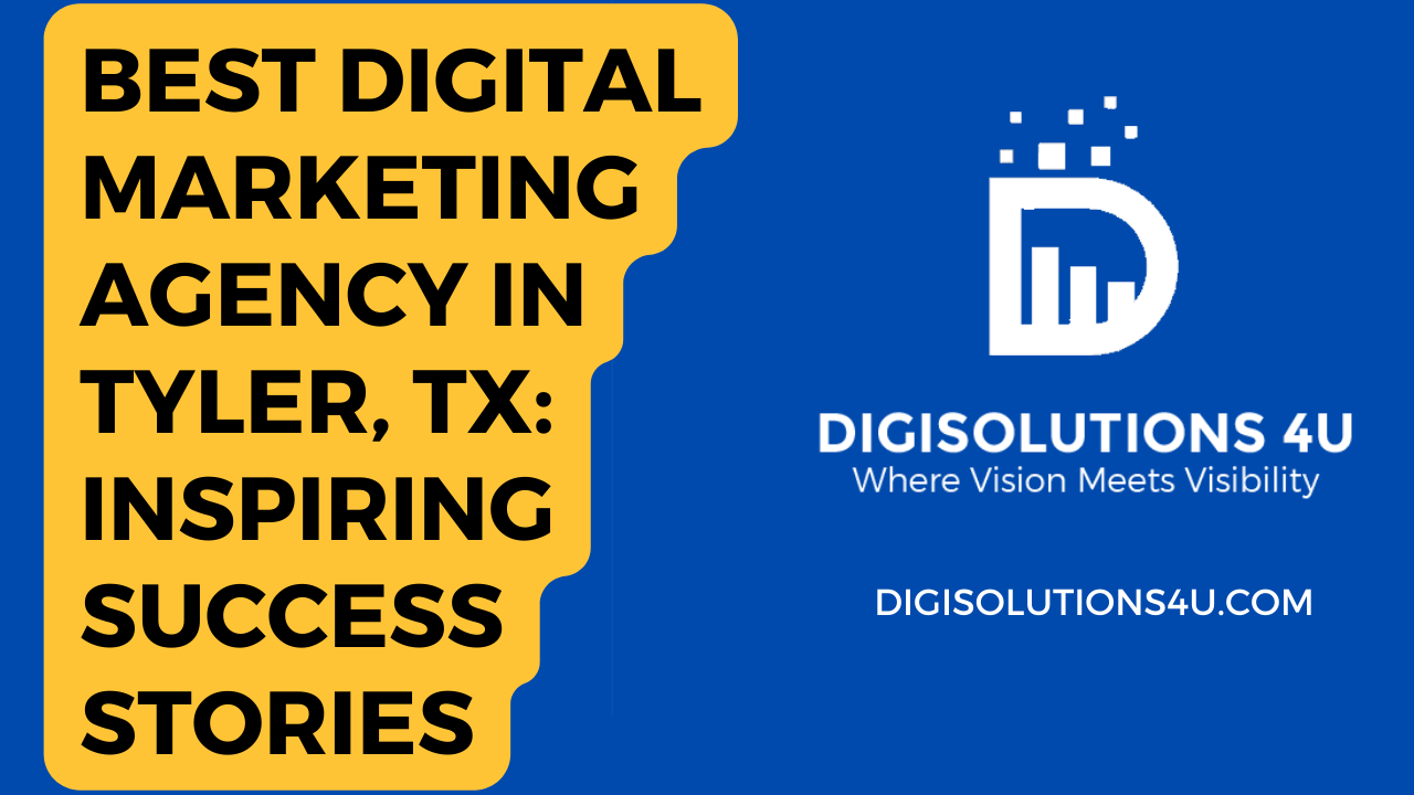 Certainly! This image appears to be a promotional advertisement for a digital marketing agency called "**DIGISOLUTIONS 4 U**" located in **Tyler, TX**. Let's break down the key elements: 1. **Text Content:** - The main text on the left, set against a yellow background, reads: "**BEST DIGITAL MARKETING AGENCY IN TYLER, TX: INSPIRING SUCCESS STORIES**." This emphasizes the agency's reputation and quality of services. - On the right side, against a blue background, the agency's name "**DIGISOLUTIONS 4 U**" is prominently displayed. Below that, their tagline "**Where Vision Meets Visibility**" reinforces their commitment to effective marketing strategies. - The company’s website address "**DIGISOLUTIONS4U.COM**" is also included at the bottom. 2. **Logo:** - Above the agency’s name on the right side, there’s a logo consisting of a white letter ‘D’ with graphical elements resembling bar graphs or a cityscape integrated into it. This logo likely represents data, growth, and technological solutions. - Above this logo, there are four small squares arranged in a square shape, possibly representing pixels or digital elements. 3. **Colors and Design:** - The advertisement uses contrasting colors (yellow and blue) to separate different pieces of information. Yellow draws attention to the agency's accolades, while blue serves as an eye-catching background color. Overall, this image aims to convey a professional yet bold vibe, attracting potential clients by showcasing **DIGISOLUTIONS 4 U** as the best digital marketing agency in Tyler, TX. 🚀🌐