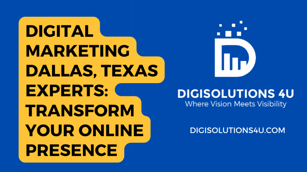 Certainly! Let's dive into the details of the image: - **General Overview:** - The image is a promotional advertisement for a digital marketing company named "**DIGISOLUTIONS 4 U**" based in **Dallas, Texas**. The ad emphasizes the company as a premier partner for digital marketing needs. - **Specific Elements and Objects:** - **Text Content:** - The main text in bold yellow letters reads "**DIGITAL MARKETING DALLAS, TEXAS: YOUR PREMIER PARTNER**," indicating the service and location. - Another text section introduces the company name "**DIGISOLUTIONS 4 U**" along with their tagline "**Where Vision Meets Visibility**" and their website address “**DIGISOLUTIONS4U.COM**.” - **Background Colors:** - The background is divided into two contrasting colors, deep blue and bright yellow, creating a visually striking effect to grab attention. - **Company Logo:** - On the right side, there’s the logo of **DIGISOLUTIONS 4 U**. It consists of a stylized letter ‘D’ with graphical elements resembling bar graphs and pixels, symbolizing data analytics or digital growth. In summary, this image serves as an advertisement aiming to attract potential clients in Dallas, Texas who are seeking digital marketing services. The use of bold colors and text aims to make the ad eye-catching and easily readable. 🌟🚀