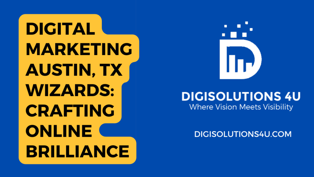 Certainly! This image appears to be a digital advertisement or promotional graphic for a company called "DIGISOLUTIONS 4U." Let's break down the details: 1. **Text Content:** - On the left side, white text against a yellow background reads: - "DIGITAL MARKETING AUSTIN, TX" - "WIZARDS: CRAFTING ONLINE BRILLIANCE" - This suggests that the company is based in Austin, Texas, and prides itself on being exceptionally skilled ("wizards") at creating outstanding online content or campaigns. - On the right side (against a dark blue background): - The company's logo, which consists of a stylized letter 'D' accompanied by bars and dots arranged to possibly represent growth or enhancement. - Below the logo is the company name "DIGISOLUTIONS 4U" followed by the tagline "Where Vision Meets Visibility." - The company's website address "DIGISOLUTIONS4U.COM" is also displayed. 2. **Colors and Design:** - The design uses a contrasting color scheme of yellow and dark blue to make the text and logo stand out. - The layout is clean, with text content on one side and visual elements (including the logo) on the other, making it easy to read and visually appealing. 3. **Logo:** - The logo features white lines and dots, creating an abstract representation of growth or progress. It aligns with their tagline about vision meeting visibility, suggesting clarity in progression or results. Overall, this graphic aims to convey the company's expertise in digital marketing and its commitment to delivering impactful solutions. 🌟