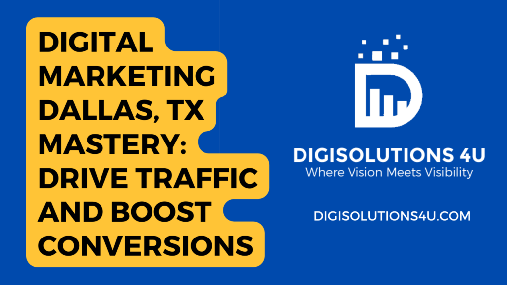 Certainly! This image appears to be a promotional advertisement for a digital marketing company called “DIGISOLUTIONS 4 U” based in Dallas, TX. Let’s break down the key elements: Text Content: The main text reads: “DIGITAL MARKETING DALLAS, TX MASTERY: DRIVE TRAFFIC AND BOOST CONVERSIONS.” This highlights the company’s expertise in digital marketing services. A tagline below says: “Where Vision Meets Visibility.” The company’s website, “DIGISOLUTIONS4U.COM,” is also prominently displayed. Logo and Graphics: On the right side, there’s a logo featuring a stylized letter ‘D’ with bars inside it, resembling a growth chart or graph. This likely symbolizes the company’s ability to drive growth. Above the logo, four small squares arranged in a square shape suggest digital or technological innovation. Color Scheme: The background is blue, and the main text and elements are in contrasting yellow and white colors, making them stand out. Overall, this image aims to attract potential clients by emphasizing DIGISOLUTIONS 4 U’s digital marketing prowess. The bold text and visual elements convey their message effectively. 🚀💻🌟