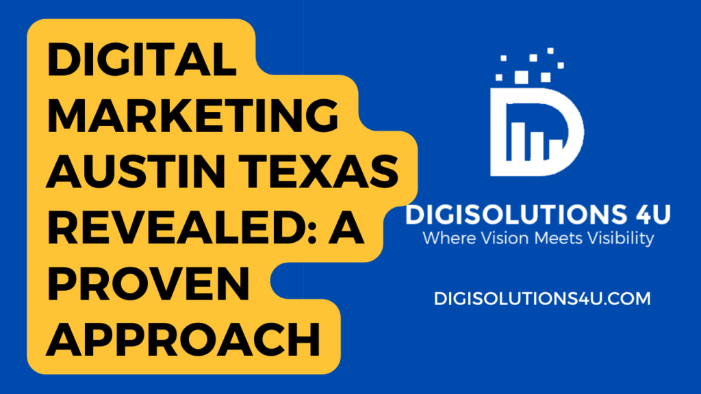 Certainly! Let’s delve into the details of the image: The image appears to be a promotional advertisement for a digital marketing company called “DIGISOLUTIONS 4U” based in Austin, Texas. The main headline boldly states: “DIGITAL MARKETING AUSTIN TEXAS REVEALED: A PROVEN APPROACH”, indicating that the company offers a specific, effective strategy in digital marketing. The company’s name, “DIGISOLUTIONS 4U”, is prominently displayed alongside the slogan: “Where Vision Meets Visibility.” The background color is blue, with the main text in a contrasting yellow color for visibility. An abstract logo next to the company name features the letter ‘D’, creatively incorporated with graphical bars and dots, possibly symbolizing growth or improved visibility. The image aims to attract potential clients seeking digital marketing services in Austin, Texas, emphasizing a proven approach offered by DIGISOLUTIONS 4U. The website URL, DIGISOLUTIONS4U.COM, is also provided. Remember, this interpretation is based solely on the visual elements within the image. For more specific details about the company’s services, I recommend visiting their website directly. 🌟🚀