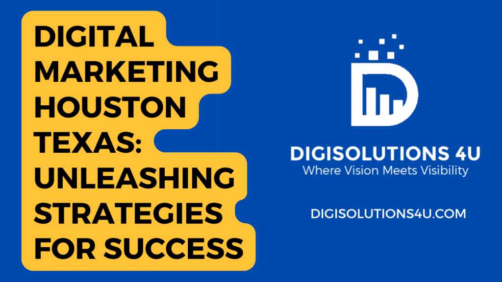 Certainly! Let’s delve into the details of the image: The image appears to be a promotional advertisement for a digital marketing company called “DIGISOLUTIONS 4U” based in Houston, Texas. The main headline boldly states: “REVOLUTIONIZE YOUR PRESENCE: DIGITAL MARKETING HOUSTON, TX”, emphasizing the transformative impact of their services on one’s online presence. The company’s name, “DIGISOLUTIONS 4U”, is prominently displayed alongside the slogan: “Where Vision Meets Visibility.” A white logo featuring a stylized letter ‘D’ with bars resembling a growth chart or bar graph is visible, symbolizing progress and upward movement. The contrasting yellow and blue colors make the text highly readable and attention-grabbing. In summary, this image serves as an advertisement for DIGISOLUTIONS 4U’s digital marketing services, targeting businesses or individuals seeking to enhance their online presence in Houston, Texas. For more specific details about their offerings, I recommend visiting their website directly. 🌟🚀