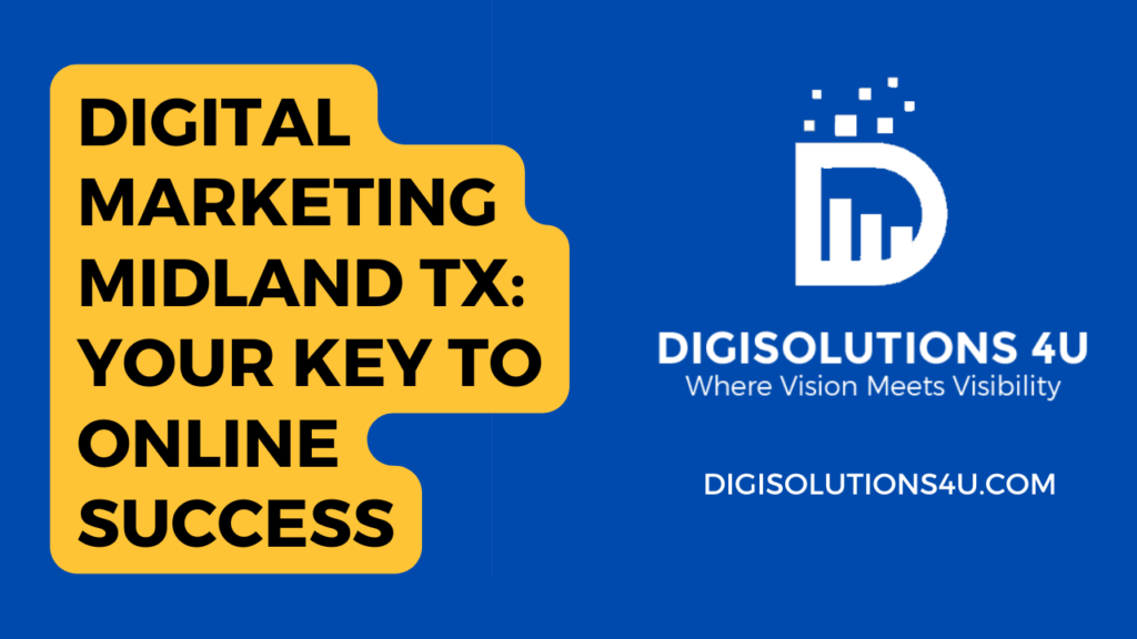 Certainly! This image appears to be a promotional advertisement for a digital marketing company called "DIGISOLUTIONS 4U" located in Midland, TX. Let's break down the key elements: 1. **Text Content:** - The main message is displayed in bold white text on a yellow background shaped like a chat bubble. It reads: "**DIGITAL MARKETING MIDLAND TX: YOUR KEY TO ONLINE SUCCESS**." - Below that, the company's name, "**DIGISOLUTIONS 4U**," is presented in white text against a dark blue background. - The slogan, "**Where Vision Meets Visibility**," reinforces the idea of effective marketing strategies. - The company’s website address, "**DIGISOLUTIONS4U.COM**," is included at the bottom. 2. **Logo:** - Next to the text content, there’s a logo consisting of a stylized letter ‘D’ with graphical elements resembling bar graphs and pixels. This logo likely represents data, growth, and technological solutions. 3. **Color Scheme:** - The advertisement uses a combination of dark blue and yellow colors, making the content highly visible and attention-grabbing. Overall, this image aims to attract businesses or individuals in Midland, TX who seek digital marketing services to enhance their online presence and achieve success. 🚀🌐