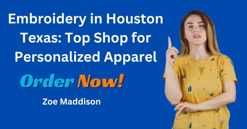 The image you’ve shared appears to be an advertisement for a personalized apparel embroidery shop located in Houston, Texas. The ad features a person pointing upwards, likely drawing attention to the text that promotes the service. The use of bold colors and text seems designed to attract attention to the embroidery service being offered.