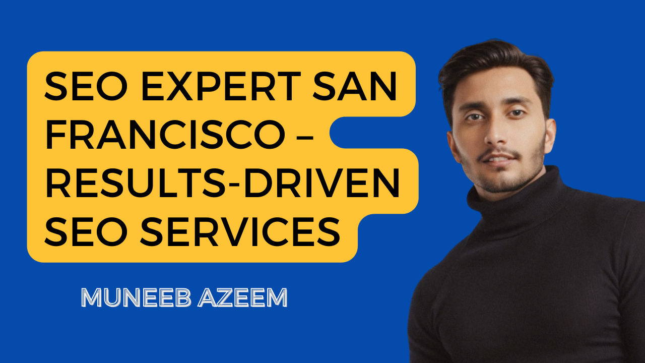 Certainly! The image features a graphic with text and a person. Here’s the breakdown: Background: Blue Banner (Top): Yellow with black text that reads “SEO EXPERT SAN FRANCISCO - RESULTS-DRIVEN SEO SERVICES.” Text Below Banner: White text that says “MUNEEB AZEEM.” Person: Their face is obscured by a pixelated block, and they appear to be wearing a dark turtleneck sweater.