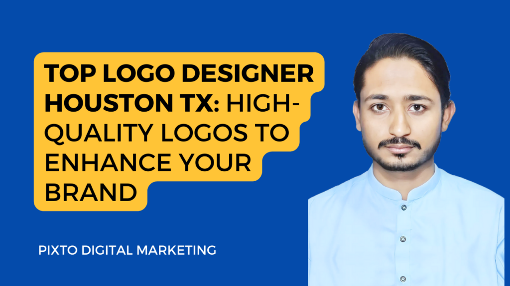 The image appears to be a promotional graphic for a logo design service. It features a male figure wearing a light blue shirt against a blue background. The figure’s face is obscured by a beige rectangle. To the left, there’s a speech bubble with the text “TOP LOGO DESIGNER HOUSTON TX: HIGH-QUALITY LOGOS TO ENHANCE YOUR BRAND” in yellow and white font. Below that, it says “PIIXTO DIGITAL MARKETING.” The image seems to advertise the services of a top logo designer in Houston, Texas, emphasizing high-quality logos for brand enhancement. 🎨🔍