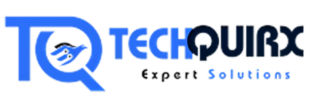 The image appears to be a logo for a company named "TechQuirx." The logo features a stylized design incorporating the letters "T" and "Q." The "T" is represented by a blue shape with a stylized bird's head in the negative space, while the "Q" is designed with a circular shape. The company name "TechQuirx" is written to the right of the design, with "Tech" in blue and "Quirx" in black. Below the company name, the tagline "Expert Solutions" is written in a smaller font, with "Expert" in black and "Solutions" in blue. The overall color scheme of the logo is blue and black.