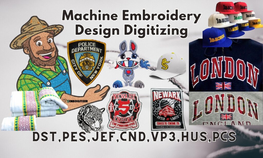 Expert machine embroidery design digitizing in Houston, TX, highlighting custom logos with precision and artistic flair.