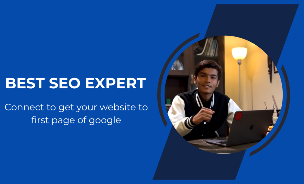 This image appears to be an advertisement for SEO (Search Engine Optimization) services. It features a person sitting at a desk with a laptop, though their face is obscured by an icon. The text on the right side reads: “BEST SEO EXPERT” “Connect to get your website to first page of Google.” This suggests that the person or company is offering services to help improve the ranking of websites on Google, aiming to get them to the first page of search results.