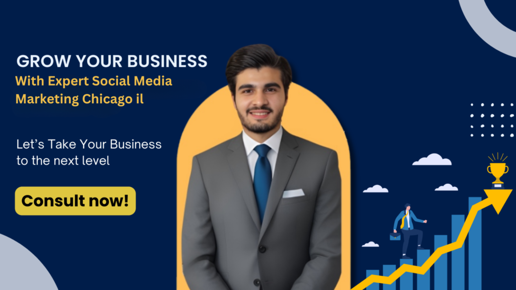 This image is an advertisement for social media marketing services in Chicago, Illinois. The design features a professional and modern layout with a dark blue background and yellow accents. The main text reads "GROW YOUR BUSINESS With Expert Social Media Marketing Chicago il" in bold white and yellow letters. Below this, there's a subheading that says "Let's Take Your Business to the next level". At the center of the image is a circular yellow frame containing a photograph of a smiling young man in a gray suit and blue tie. He appears to be a professional, likely representing the social media marketing expert being advertised. On the right side of the image, there are some graphical elements including small white dots, cloud icons, and a trophy icon. There's also an illustration of a small businessman figure climbing up a bar chart, with a yellow arrow pointing upwards, symbolizing business growth and success. At the bottom left of the image, there's a yellow call-to-action button that says "Consult now!", encouraging potential clients to get in touch. The overall design of the image conveys a sense of professionalism, growth, and expertise in social media marketing, aiming to attract businesses looking to expand their online presence in the Chicago area.