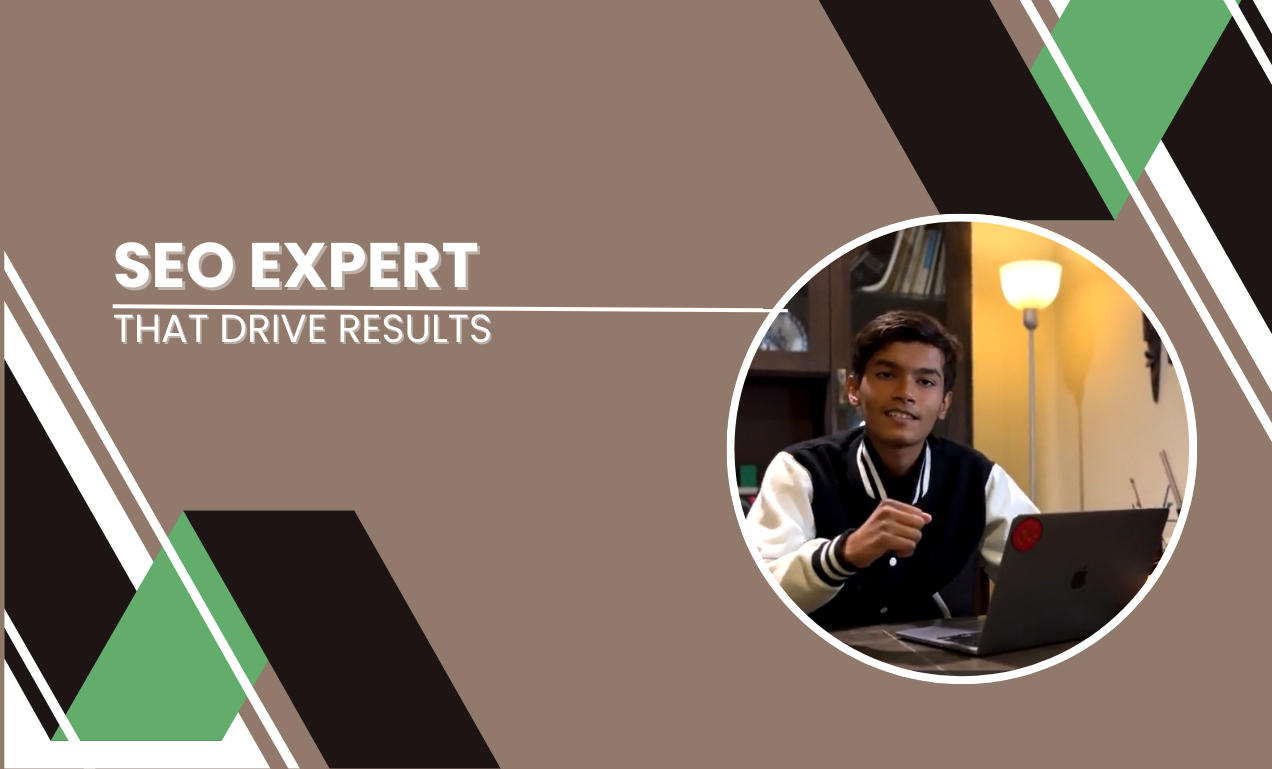 This image appears to be a promotional graphic for SEO services. The main text reads “SEO EXPERT THAT DRIVE RESULTS” in bold, white capital letters. The background features geometric shapes in shades of brown and green, giving it a modern and professional look. On the left side, there’s a circular cut-out photograph of an individual working at a desk with a laptop. The person’s face is obscured for privacy. This design likely aims to convey the message that the services offered are professional and result-oriented.