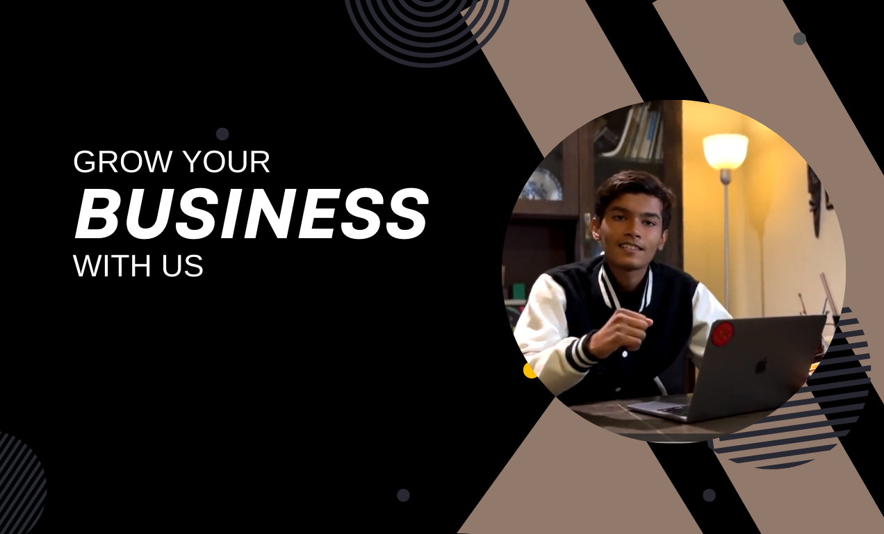 The image is a promotional graphic with the text “GROW YOUR BUSINESS WITH US” prominently displayed. The background features abstract circular and curved patterns in shades of black, grey, and dark blue. On the right side, there’s a photograph of a person working on a laptop, though their face is pixelated for privacy.