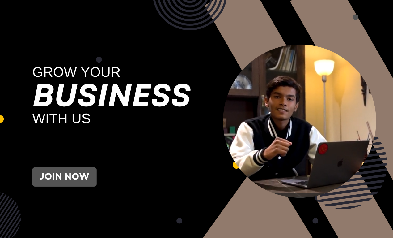 This image appears to be a promotional graphic designed to attract businesses. The bold text “GROW YOUR BUSINESS WITH US” suggests that the image is advertising services aimed at helping businesses expand and develop. On the right side, there’s a person working on a laptop, which implies a professional or business setting. The “JOIN NOW” button indicates a call to action, encouraging viewers to engage with the service being advertised.